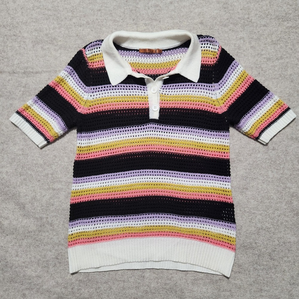 Vintage Retro Striped Crochet Polo Tee in Black, Pink, Lavender & Yellow